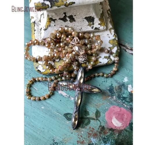 Champagne Crystal Necklace Gunblack Soldered Cross PendantHand Knot Necklace Unique Accessory NM14554