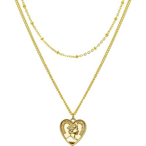 Aesthetic Peach Love Heart Portrait Pendant Necklace Women Double Clavicle Chain Choker Necklace Choker Collares Party Jewelry