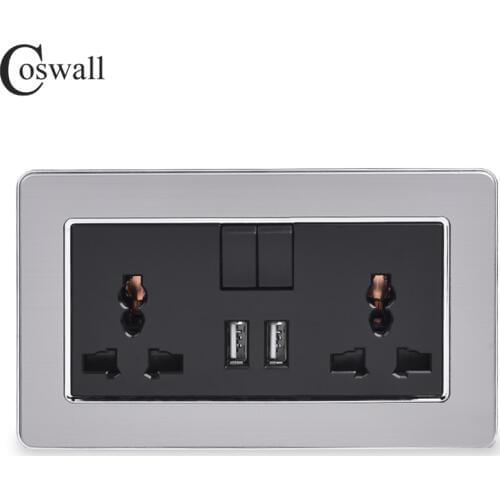 COSWALL 2 Gang 13A Universal Switched Socket dual USB Charge Port Output 2.1A Wall Outlet Stainless Steel Brushed Panel