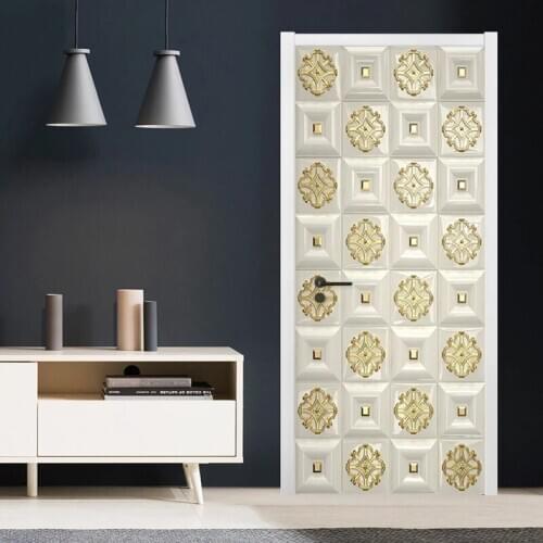 Self-Adhesive Waterproof Door Sticker 3D Stereo Golden Lattice Pattern Mural Wallpaper European Style Living Room Luxury Poster