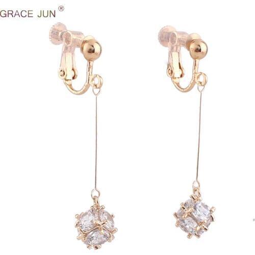 GRACE JUN Long AAA CZ Round Ball Shape Long Clip on Earrings No Pierced for Women Gorgeous Wedding Brides Pierced Earrings 2018