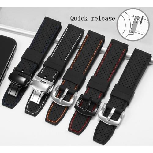 Soft and Waterproof Rubber watch band 20 22 24mm black with white orange red blue line Replacement belt General brand