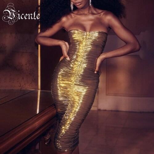 VC All Free Shipping Trendy Gold Draped Design Sexy Strapless Sleeveless Celebrity Party Club Midi Dress