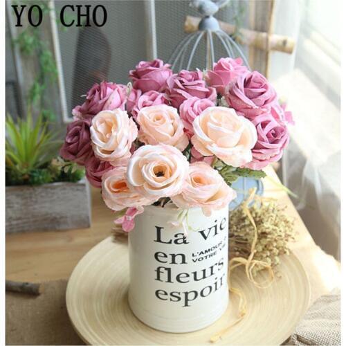 YO CHO White Mini Silk Rose Artificial Flowers for Wedding Decoration Bride Fake Flower Bouquet DIY Home Decor Accessories Flore