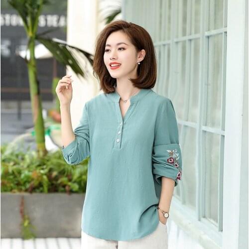 100% Cotton V Collar Women Shirt Spring Female Large Size Embroidery Art Blouse Middle-aged Mother Autumn Long-sleeved Tops