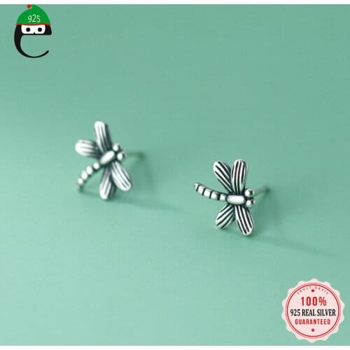 ElfoPlataSi Real 925 Sterling Thai Silver Fashion Insect Dragonfly Stud Earring For Women Wedding Valentines Day Jewelry DA2079