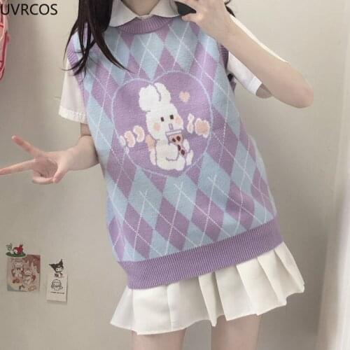 Women Knitted Vest Japanese Preppy Style Sweet Sweater with Patterns Autumn O-neck Pullover Cute Waistcoat Knitting Vest Girls