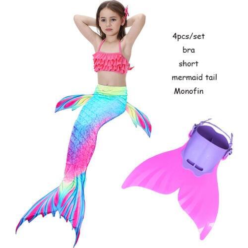 Girl Little Mermaid Tails Cosplay Swimming Dresses 4PC Princess Swimsuit With Monofin Cosplay Mermaid Tail Costume Bikini Suit