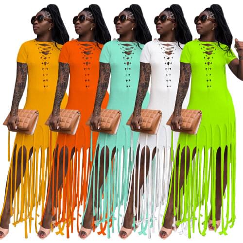 Summer Dresses for Women 2021 Party Fashion Female Criss Cross Lace Up Tassel Fringed Dress White Yellow Bodycon Dress Elegant