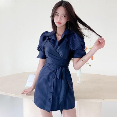 Fashion Summer Korean Vintage Belt Button Mini Dress Ladies Streetwear Elegant Single-Breasted Lantern Sleeve Casual Shirt Dress