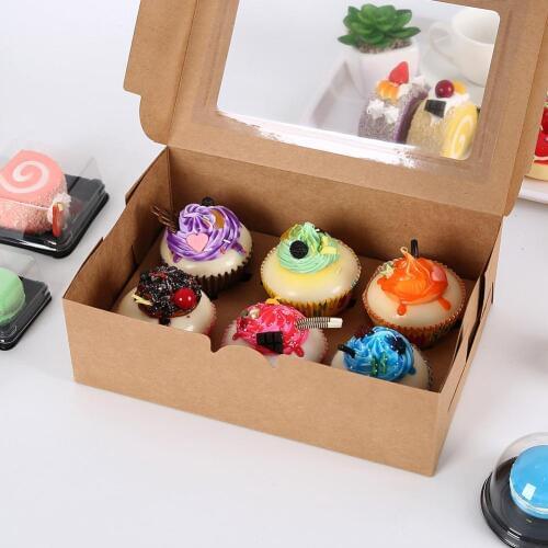 10Pcs Bread Box Kraft Paper Cupcake Box Bakery Cake Container With Insert Display Window Dessert Storage Boxes Party Gift Case