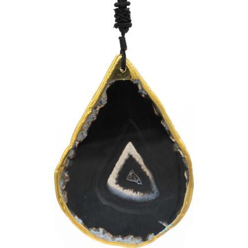 100-Unique Light Yellow Gold Color Irregular Shape Black Agates Pendant Necklace Fashion Jewelry