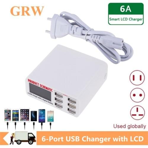 Grwibeou 6A with LCD Digital Display 6 Port USB Charger Fast Smart Charging Station for iPhone Xiaomi Huawei Samsung Tablet
