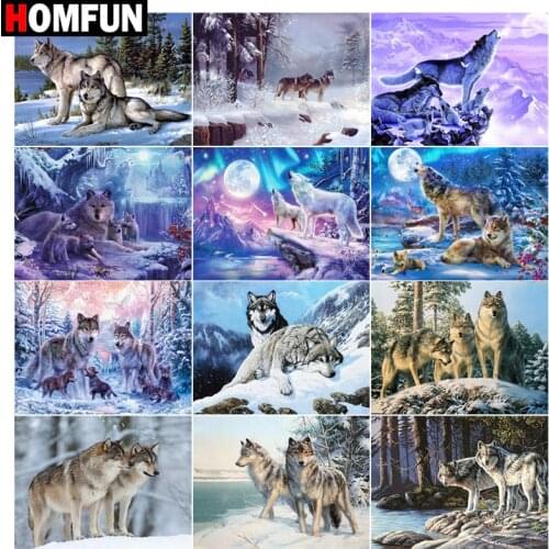 HOMFUN 5D Diamond "Wolf moon snow" Diamond Embroidery Full Round/ Square Diy Diamond Painting Cross Stitch Home Decor
