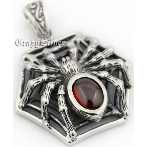 Huge Red CZ Spider On Net 925 Sterling Silver Mens Biker Rocker Punk Pendant 9R023