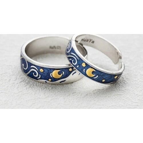 Moon Star Starry Sky Adjustable Open Ring Fashion Couple Rings for Women Men Art Wedding Valentines Day Jewelry Gift