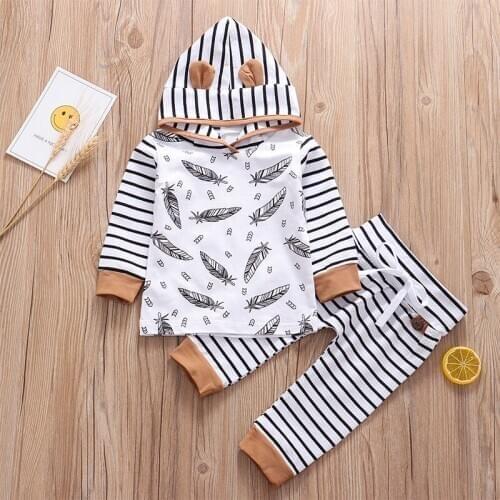 Autumn Toddler Baby Boy Infant Clothes Set 2Pcs Suit Long Sleeve Hooded Tops+stripe Pants Cotton Newborn Outfits Boys Clothing