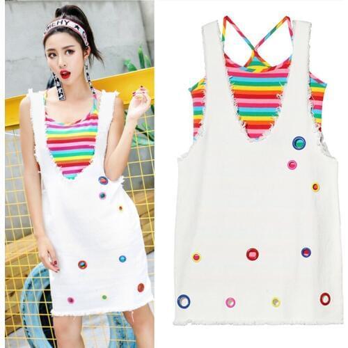 2 Pieces Clothing Set 2018 New Summer Women Denim Overall Dress And Stripped Rainbow Colorful Dresses Ladies Casual Dress NS185