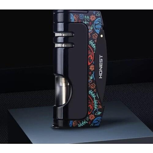 Metal Windproof Butane Gas Lighter Blue Straight Jets Flame,Creative High Temperature Cigar Lighter Multifunctional Cigar Cutter