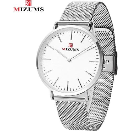 MIZUMS 8019 Mens Watch Waterproof Quartz Ultra-Thin Mesh Belt Stainless Steel Fashion Casual Men Business Wristwatches