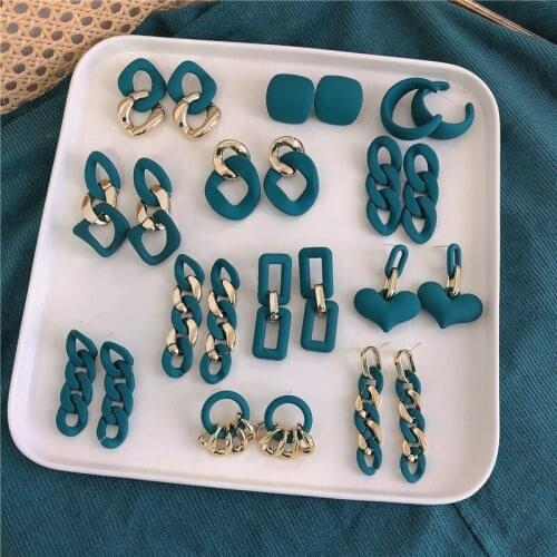 Fashion Jewelry Earrings Metal Alloy Golden Plating Round Heart Geometric Blue & Green Tone Resin Drop Earrings For Girl Gifts