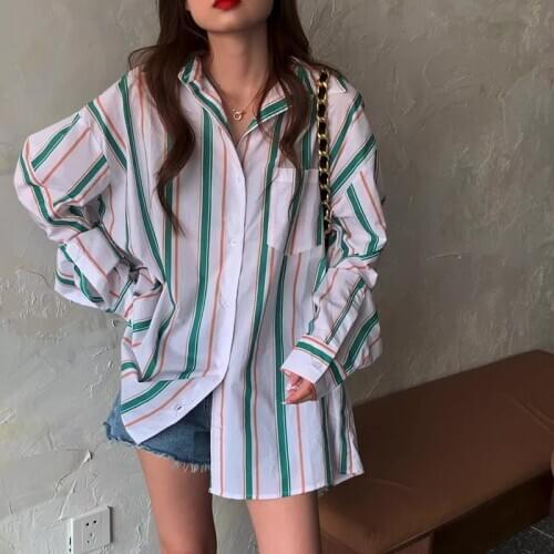 Autumn new shirt simple design loose wild color matching stripes long sleeve temperament blouse