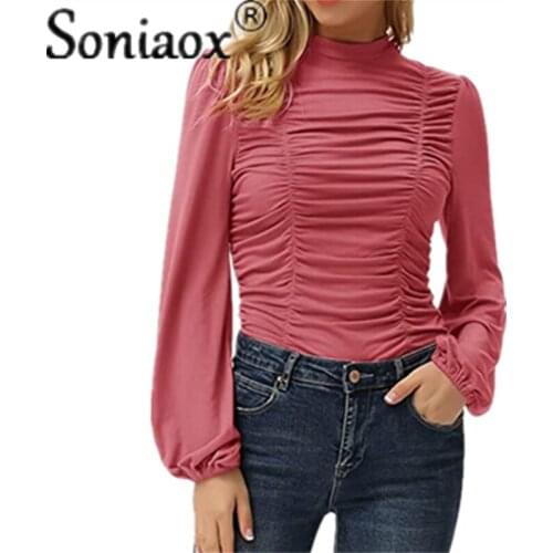 2021 Autumn Women Blouse Solid Color O-Neck Tops Half-High Collar Pleated Lantern Long Sleeve T-Shirt Ladies Casual Pullover