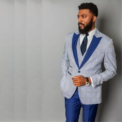 Autumn And Winter Three Pieces Slim Fit Plaid Wedding Suits Blue Peaked Lapel One Button Men Tuxedos (Jacket+Pants+Tie+Vest )