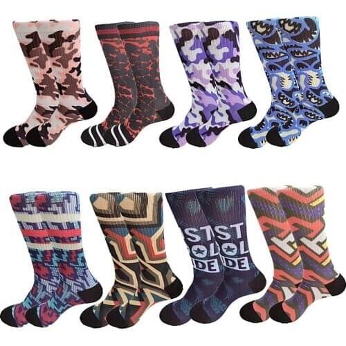 A Pair of Autumn and Winter Printing and Dyeing Mens Socks Cotton Padded Warm Purple Blue Red Pink Trendy Design Crew Socks