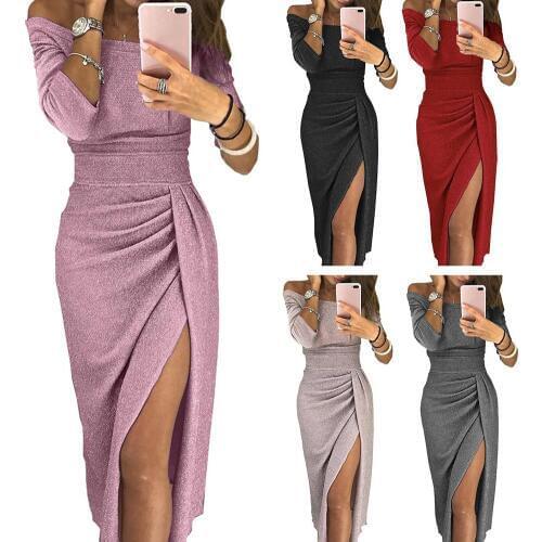 New Evening Party Sexy Women Off Shoulder High Split 3/4 Sleeve Bodycon Maxi Dress vestido de mulher платье женское летнее 2020
