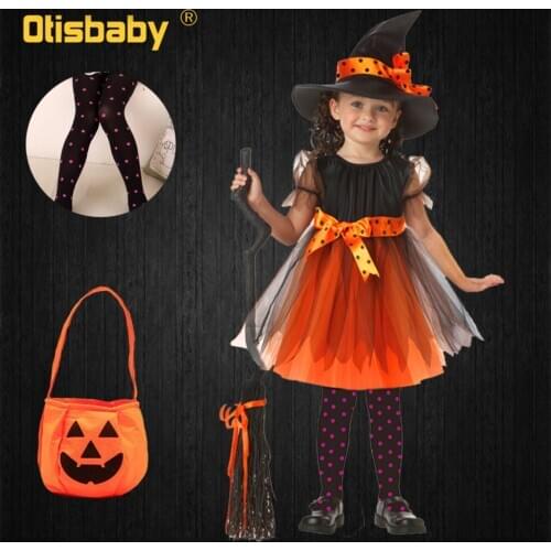 4Pcs Girls Witch Dress Candy Bag Leggings Hat Clothing Set Halloween Witch Costume Kids Carnival Girls Witch Cosplay Costume