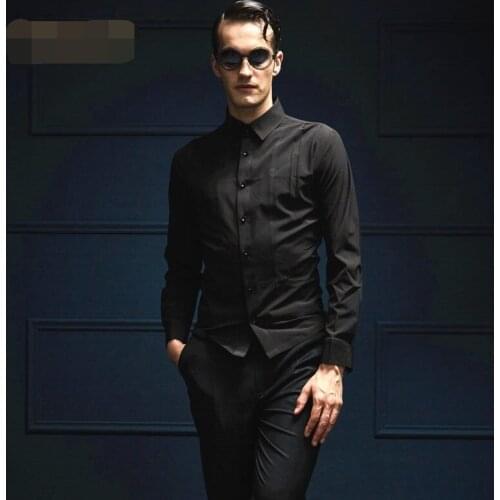 Shirt Mens casual slim fit autumn new products European and American show high-end youth pleated top long sleeve shirt
