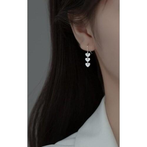 Silver Heart Dangle Earrings 925 Sterling Long Earrings Minimalist Style