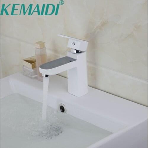 KEMAIDI White Painting Bathroom Sinks Faucet Deck Mounted Mixer Basin Tap Solid Brass Bathroom Sink Faucet Concise Style