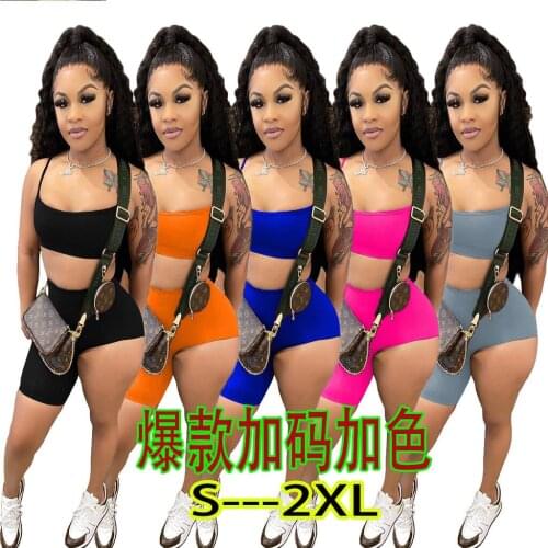 Tracksuit Solid Women 2 Piece Set Spaghetti Straps Crop Top Biker Shorts Fitness Skinny 2021 Summer New Clothing Casual Outfits