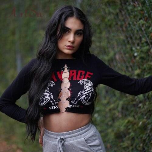 ArtSu Hollow Out Slim Gothic O Neck Long Sleeve T Shirts Women Metal Ring Animal Print Sexy Black Crop Tops Tee Shirt Streetwear