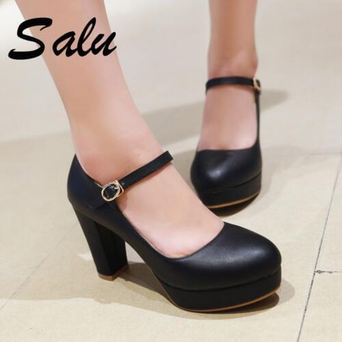 Salu 2020 new Party Shoes Solid Leather Women Pumps Rabbit Thick Heels Buckle Straps Round Toe Platform Lolita Shoes