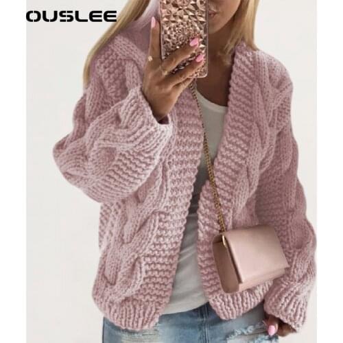 OUSLEE Cardigan Sweater Women Sweatercoat Winter Twist Knitted Sweaters Cardigan Coat Female Oversize Casual Loose Jumper Pink