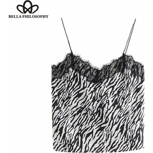 Bella Philosophy Vintage Sexy Lace Patchwork Zebra Print Tops Women Camis Sleeveless Animal Pattern Vest Shirts Casual Blusas