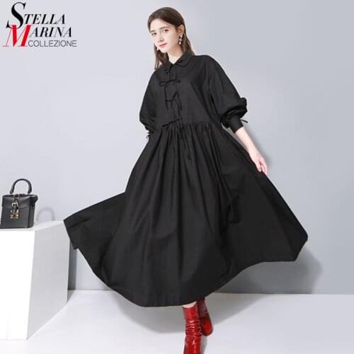 Japanese Style Solid Black White Woman Shirt Dress Plus Size Long Sleeve Bows Girls Casual Straight Cotton Dress Robe Femme 1748