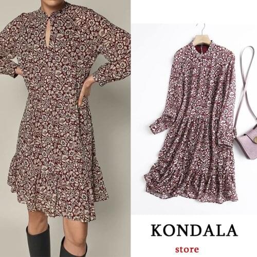 KONDALA Women Dress Za Fashion Floral Print Ruffles Mini Dress Long Sleeve O Neck Vintage Dress Female Chic Mujer Vestidos