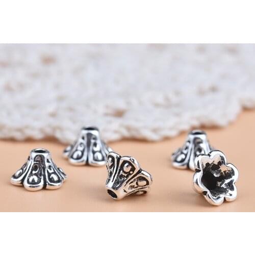 10pcsHandmade diy beading material accessories 925 pure silver Thai silver crystal flower hat beads, beads bracelet retro access