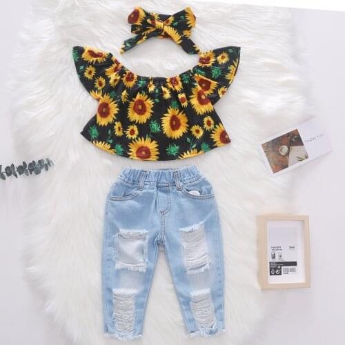 3PCS Baby Girl Clothes 0-5 Years Old Summer Fashion Jeans Suit Flying Sleeve Printed Top Ripped Jeans Bandana Girl Clothing