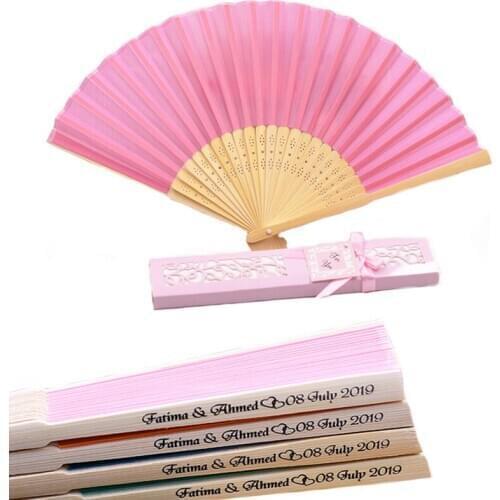 50pcs / lot custom luxurious silk folding fan in elegant laser cut gift box + party favors / wedding gifts + Silk screen