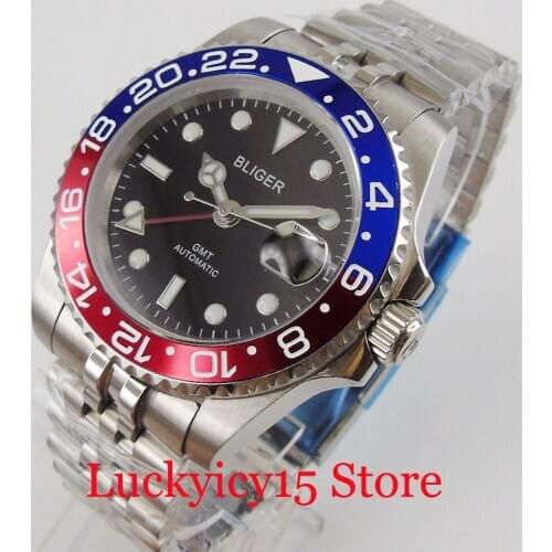 BLIGER Hot Sell Red GMT Hand Mechancial Mens Watch Sapphire Glass Jubilee Band Rotating Bezel Insert