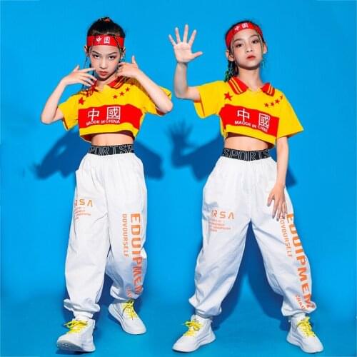 Kids Hip Hop Jazz Dance Clothing for Girls Yellow Top Hiphop Pants Chinese Modern Dance Clothes Girl Costumes Streetwear XS1907
