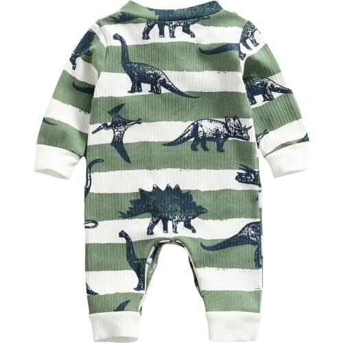 Babies Casual Romper, Dinosaur Printed Pattern Round Collar Long Sleeve Jumpsuit, White/ Dark Green