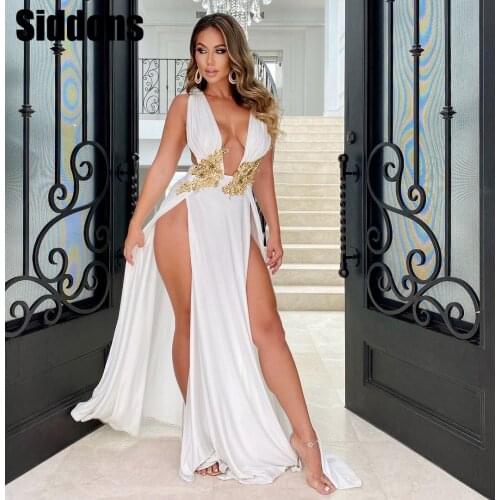 Elegant Deep V Neck High Split Maxi Dress Sexy Dinner Dresses for Women Wedding Party Evening Long Prom Dress