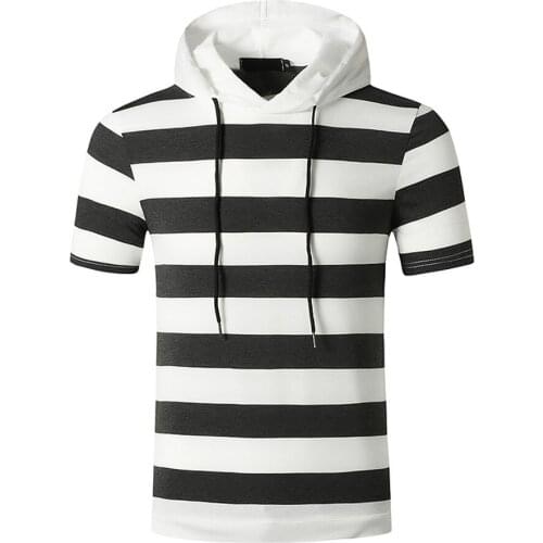 Covrlge New Style Muscle T-shirt Summer Short-sleeved Striped Top Gym Hooded Sports Short-sleeved T-shirt Streetwear Male MTS606