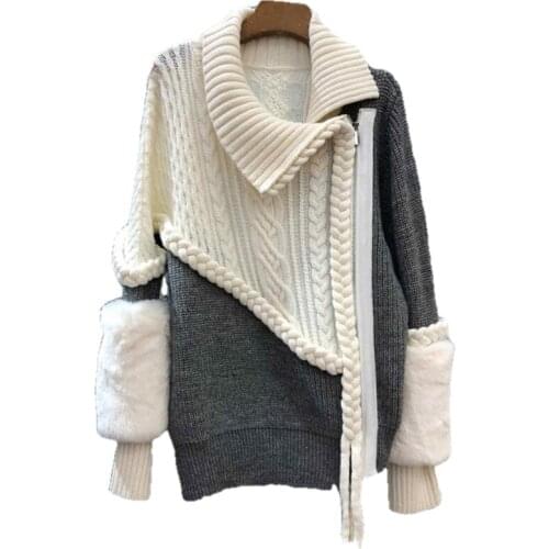 Chunky Knit Sweater Autumn Winter Women Knitted Cardigan Sweater Real Rabbit Fur Long Sleeve Loose Wool Knitted Coat Jacket